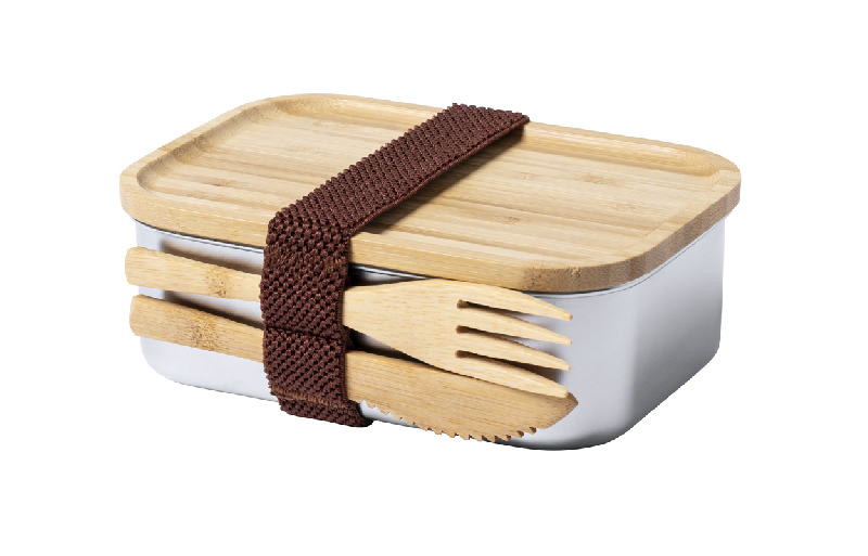 Lunch box en acier inoxydable - couvercle en bambou naturel - 600 ml avec couverts inclus_1