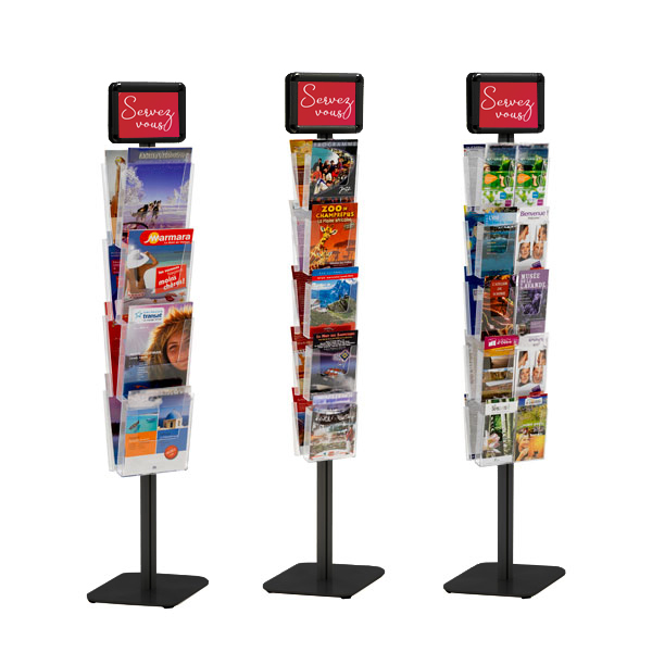 Porte brochure cristal double-faces sur pied NOIR - 8 cases A4 Réf : 214714NR - Largeur case 21,9 cm_1