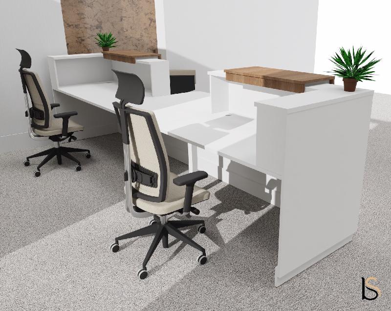 Bureau d'accueil Delta Plus pour 2, accès PMR - Mobel Linea - Blanc, 384, Acacia foncé, Banque d'accueil avec réhausses sans LED_0