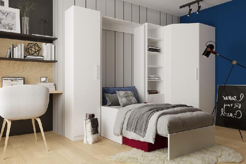 Composition angle lit escamotable Dynamo Sofa avec accoudoirs - Blanc - Tissu rouge - Couchage 90x200 cm - Dimensions 305x100 cm_1