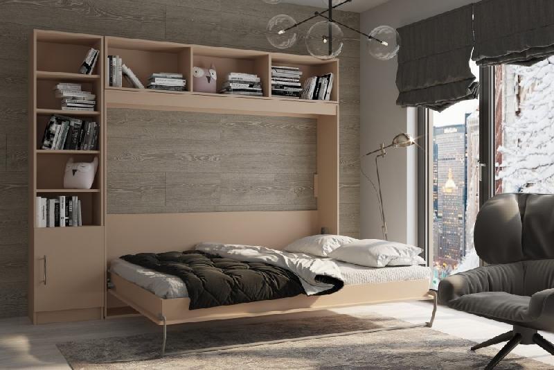 Composition armoire lit escamotable horizontale STRADA-V2 mélaminé chêne - Couchage 160x200 avec surmeuble et colonne bibliothèque_1