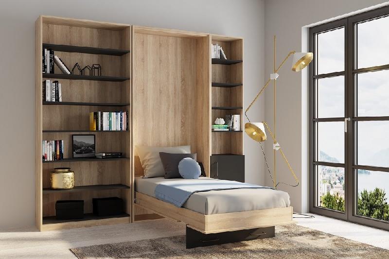 Composition lit escamotable style industriel KEY - Bi-ton chêne noir mat - 90x200 cm - Longueur 255 cm_1