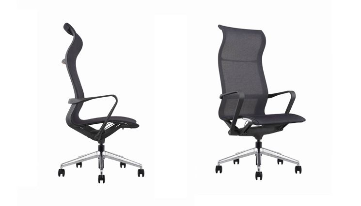 Siège de direction Elias - Fauteuil de bureau haut ou bas dossier, résille noire et base aluminium poli_1