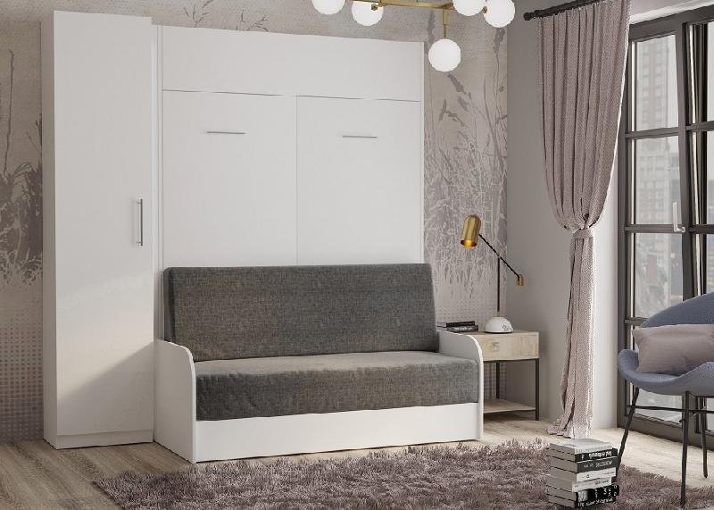 Composition lit escamotable blanc mat Dynamo Sofa - Canapé accoudoirs blanc mat et gris avec colonne de rangement 140x200_1
