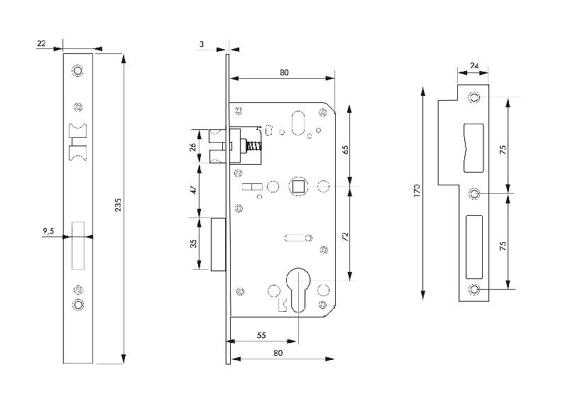 Serrure encastrable pour porte d'intérieur - axe 55mm - entraxe 72mm - carré 8mm - inox SUS304 - THIRARD_1