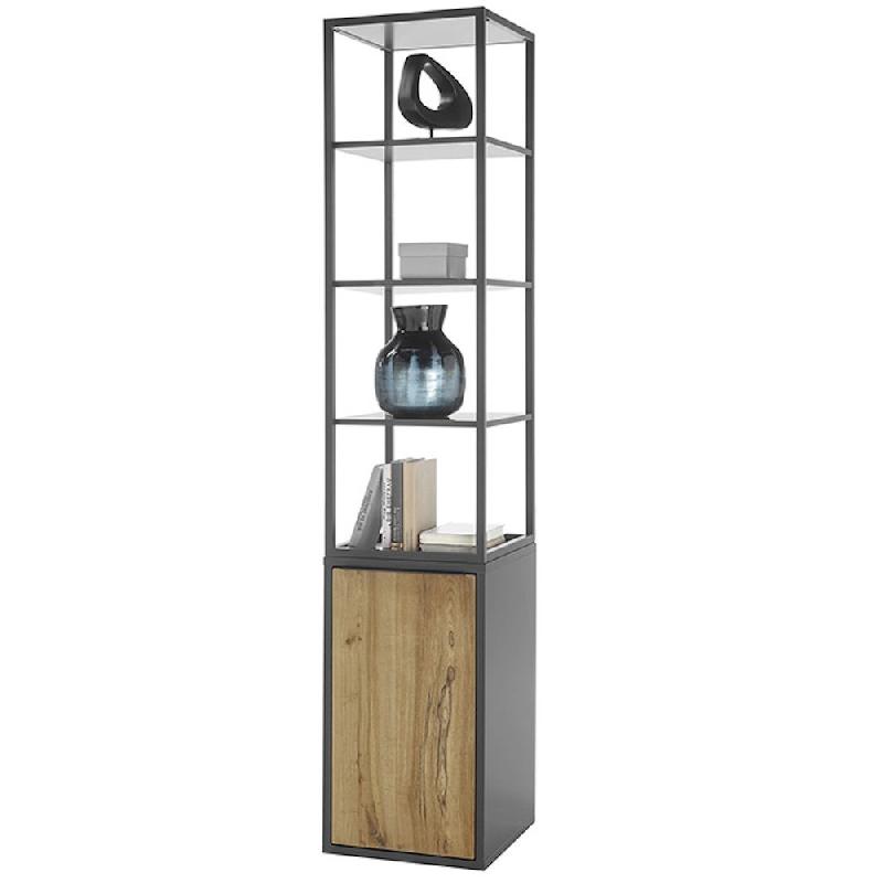 Colonne de rangement ABOU - 1 porte et 4 niches - MDF gris anthracite laqué et plaqué chêne - H197 x L40 x P40 cm_1