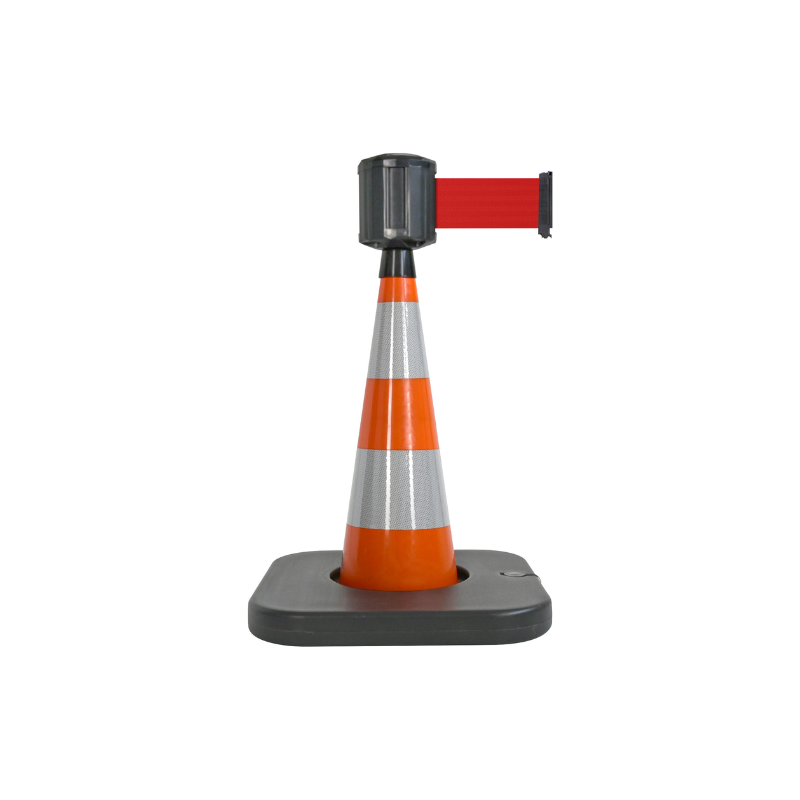 Cône de balisage avec base à lester et sangle enrouleur 100mm largeur - Orange / Rouge / 750_1
