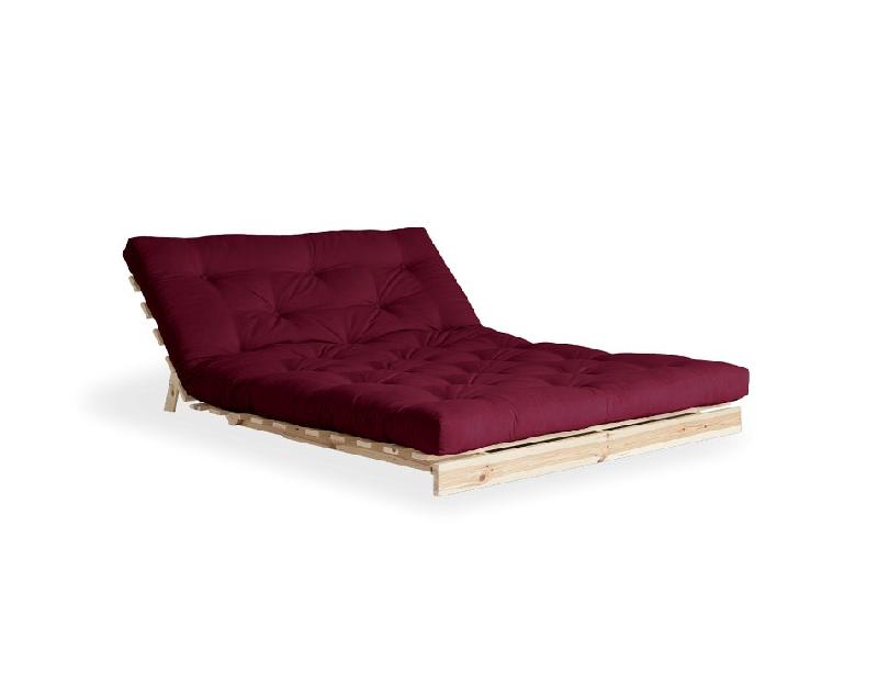Canapé convertible futon ROOTS - Pin naturel - Tissu bordeaux - Couchage 160x200 cm - Design japonais et scandinave_1