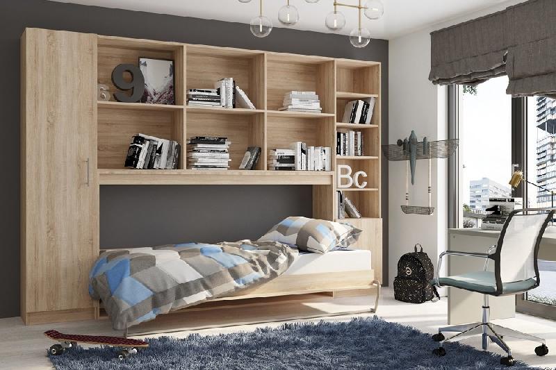 Composition armoire lit horizontale STRADA-V2 en mélaminé chêne - Couchage 90*200 avec surmeuble et 2 colonnes de rangement_1