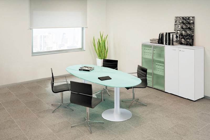 Table de réunion ovale avec plateau en verre - Quadrifoglio. - Blanc 9010_1