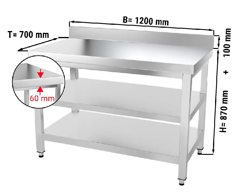 Table inox adossée 2 étagères 1200x700mm_1