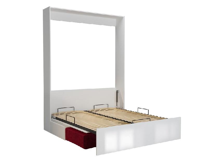 Armoire lit escamotable Dynamo Sofa - Façade blanc brillant effet miroir - Canapé rouge - Couchage 140x200 cm_1