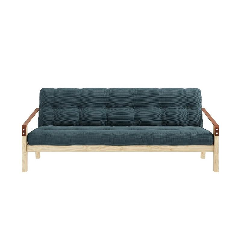 Banquette futon Poetry en pin massif bleu pâle avec accoudoirs en cuir - Couchage 130 x 190 cm_1
