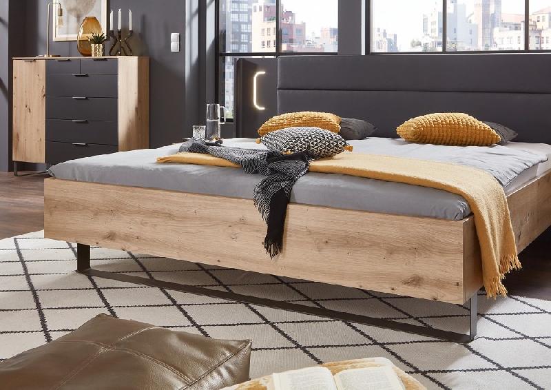 Lit design VICK 160 x 200 cm - Chêne artisan et tête en cuir synthétique avec chevets et éclairage LED intégré_1