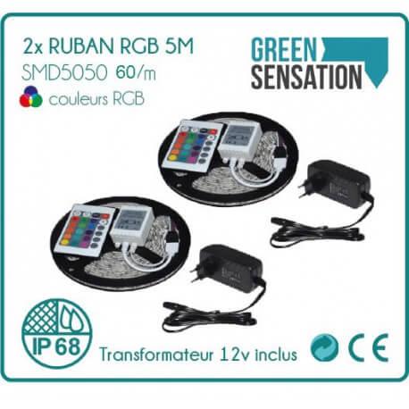 Lot de 2 rubans LED RGB 5 mètres - Télécommande + transformateur 12V IP68 SMD5050_1