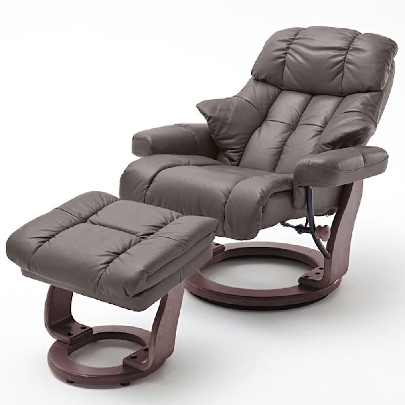 Fauteuil relax CLAIRAC XL - cuir marron, pied en bois couleur noyer avec repose-pied - inclinable à 135° et rotation 360°_1