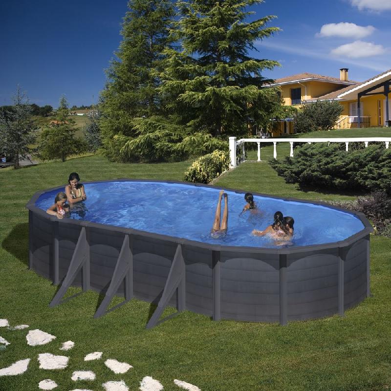 Piscine ovale acier 7,44m x 3,99m x H: 1,22m - gris anthracite - filtration à sable - renforts apparents_1