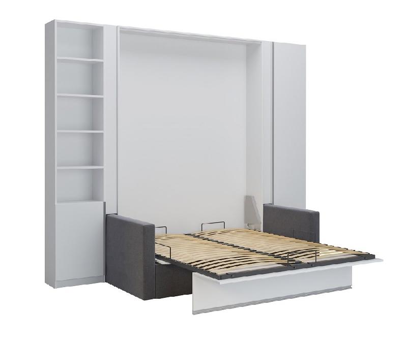 Composition lit escamotable 140 cm blanc mat DJUKE SOFA - canapé gris avec 2 colonnes et armoire_1