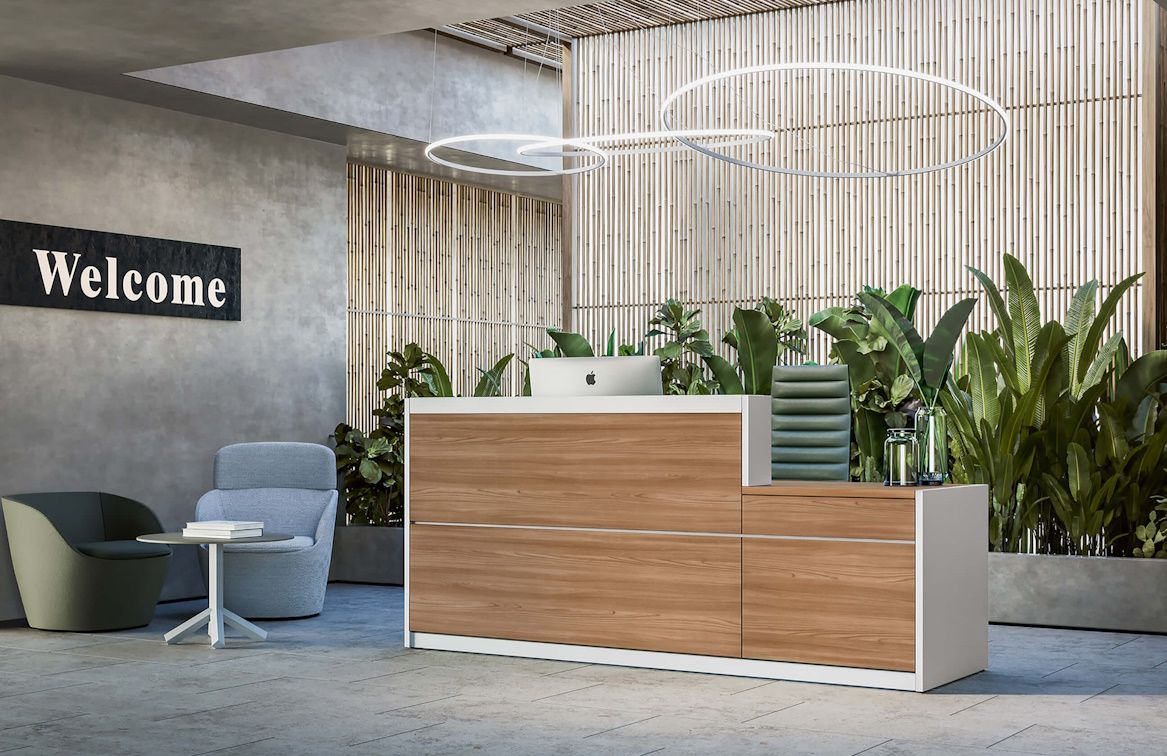 Banque d'accueil VOGUE - lignes épurées et habillage géométrique - personnalisable en coloris et modules_1