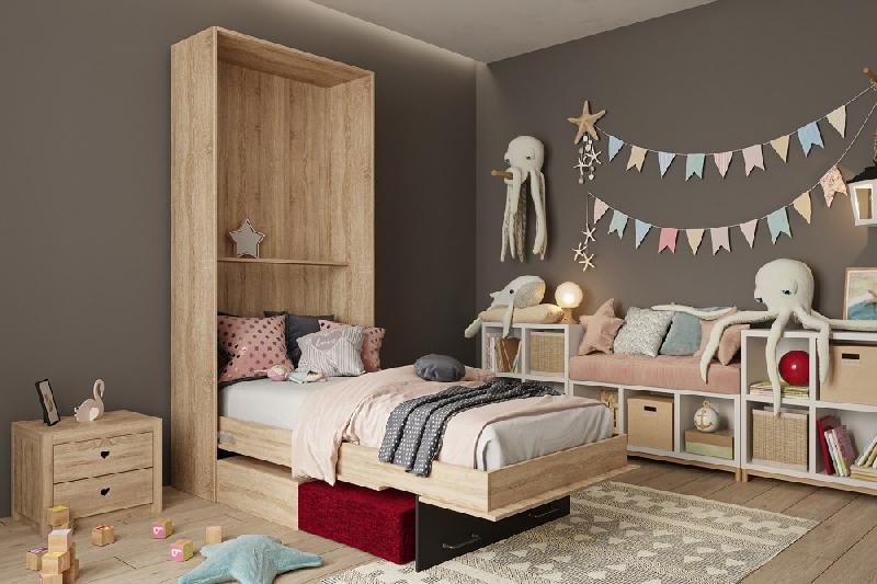 Lit escamotable style industriel KEY SOFA - Chêne naturel - Canapé rouge avec tiroirs - Couchage 90x200 cm_1