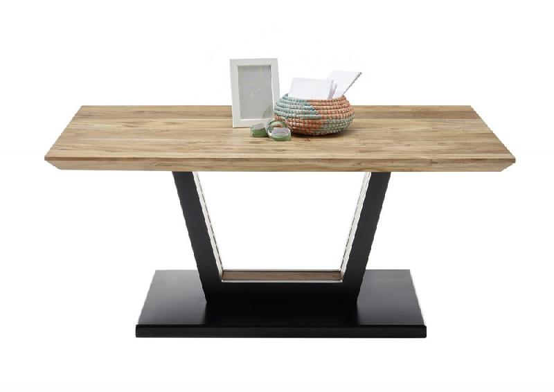 Table basse design Beford en chêne acacia - plateau laqué naturel - piétement métal noir mat avec roulettes_1