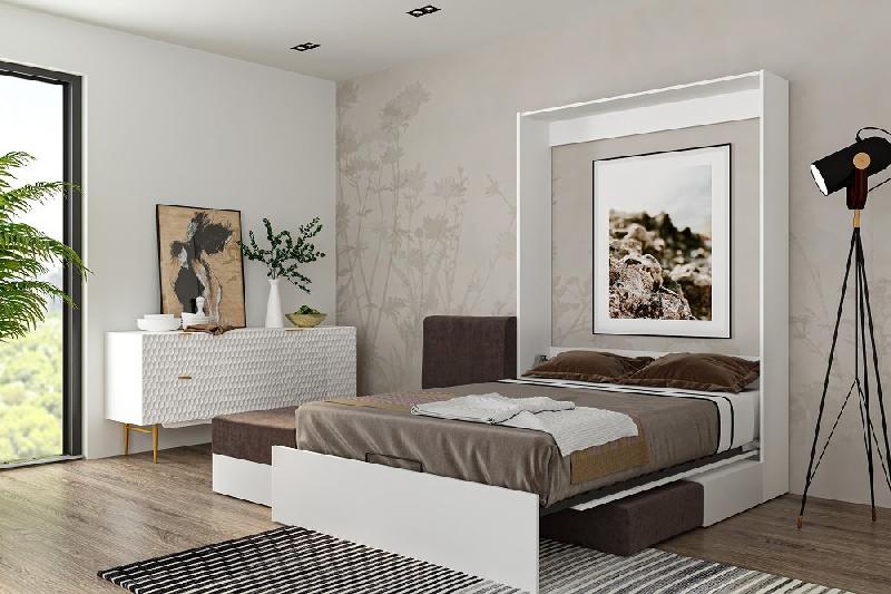 Lit escamotable Dynamo Sofa - Canapé angle méridienne réversible blanc mat tissu marron 140x200 cm avec coffre de rangement_1