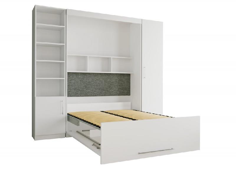 Composition armoire lit escamotable LUTECIA blanc mat - Couchage 140x190 cm avec rangements intégrés et colonne bibliothèque_1