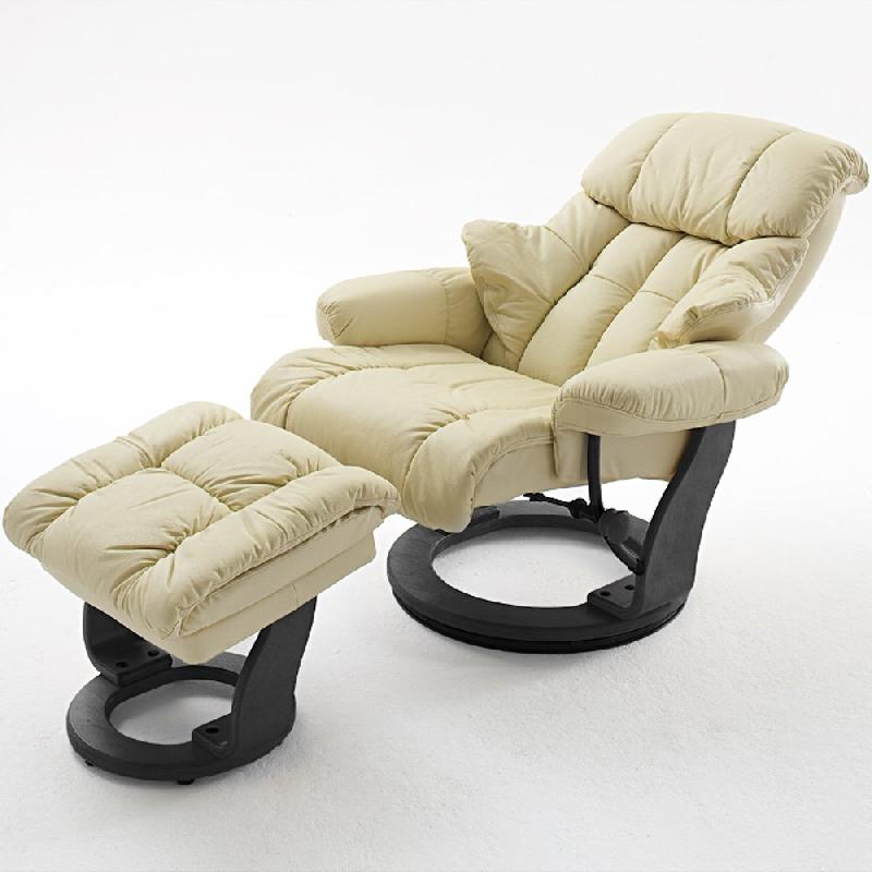 Fauteuil relax Clairac - assise en cuir crème - pied en bois noir - avec repose-pied - inclinable à 135° - rotation 360° - repliable_1