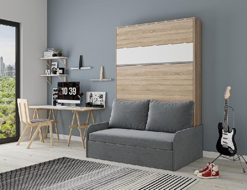 Armoire lit escamotable Bermudes Sofa - Chêne bandeau blanc, canapé gris 160x200 cm avec coffre et finition européenne_1