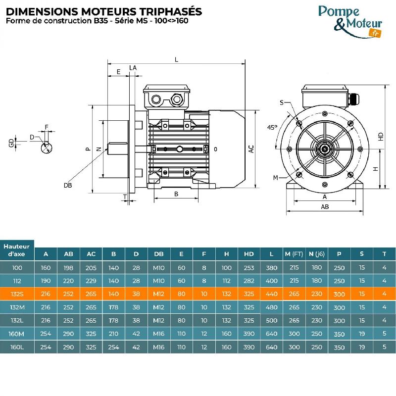 Moteur électrique Triphasé 400/700v 7,5 Kw 3000 Tr/min  - Ms132s224b35 Bride B35 - Bobinage Cuivre_1