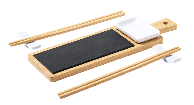 Service à sushi en bambou - 6 pièces avec planche en ardoise et accessoires en céramique_1