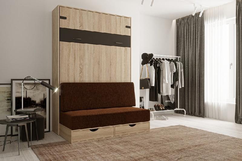 Lit escamotable style industriel KEY SOFA - chêne, bandeau noir, canapé marron, couchage 140x200 cm avec rangement_1