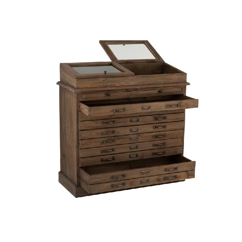 Buffet Soma - 11 tiroirs, 2 vitrines en bois massif vintage - Marron foncé_1