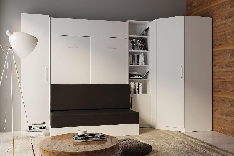 Composition angle lit escamotable blanc - Dynamo Sofa avec canapé noir 140x200 cm - 351x100 cm_1