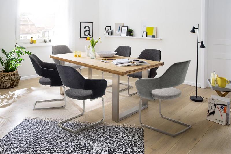 Lot de 2 chaises design NABAS - tissu gris bimatière - pieds luge en acier brossé_1