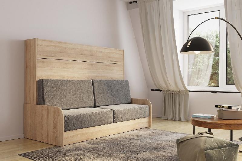 Armoire lit escamotable VERTIGO SOFA - structure accoudoirs chêne - tissu gris - couchage 160x200 cm_1