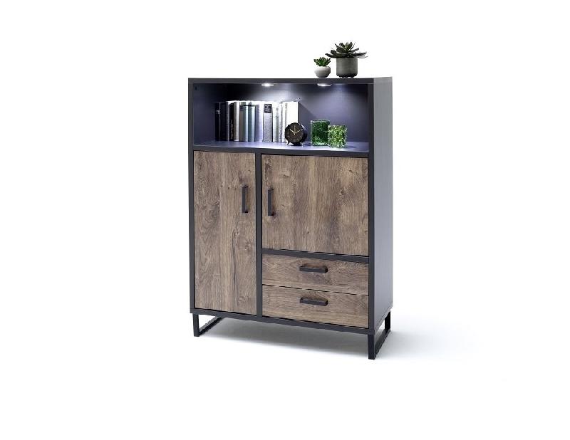 Buffet haut HALTON - 2 tiroirs, 2 portes et 1 niche décorative avec éclairage LED - Décor chêne gris cosmos, style industriel_1