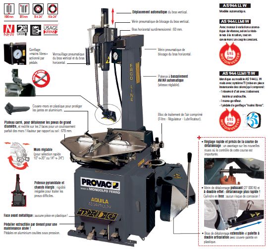 AS944LLMIW - Monte/Démonte-Pneus Automatique Provac 230V avec Blocage Extérieur 10 à 24