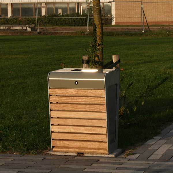 Poubelle FalcoLinea - Poubelle publique avec serrure clé triangle - Design bois et acier noir_1