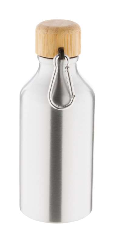 Bouteille en aluminium - 400 ml avec couvercle en bambou et mousqueton - Couleur argenté_1
