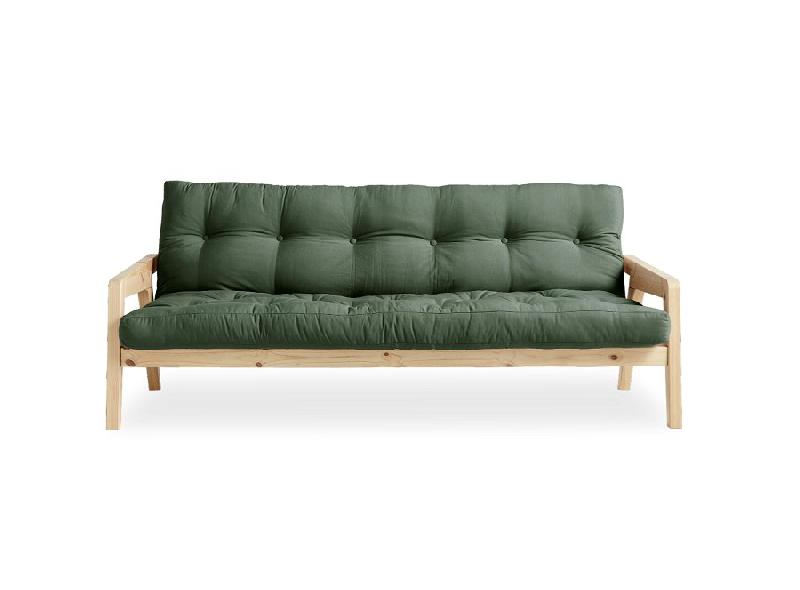 Canapé convertible futon Grab en pin naturel - Coloris vert olive - Couchage 130 x 190 cm - Style scandinave_1