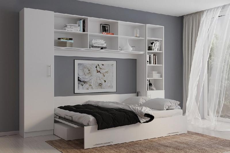 Composition lit escamotable Vertigo Sofa Blanc - Canapé Gris - Couchage 140x200 cm - Largeur 311 cm_1