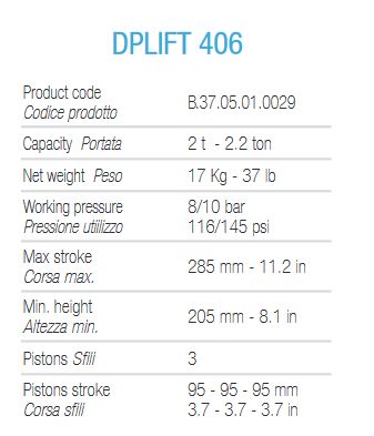 Crics pneumatiques Dplift 406 – Dino Paoli – capacité 2T – poids 17 kg_1