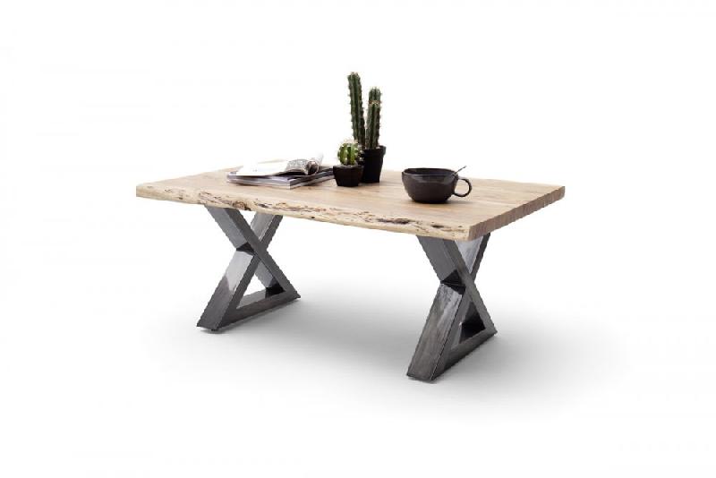 Table basse Claren - Plateau 110 cm en acacia massif naturel laqué, piétement en X acier finition vintage_1