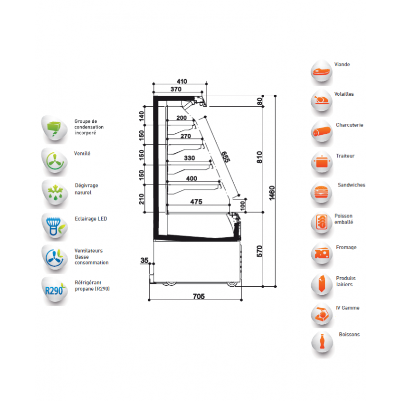 Vitrine réfrigérée semi-verticale Curl BONNET NEVE - 1m ou 1m30, 4 étagères + base, groupe froid intégré, froid positif ventilé_1
