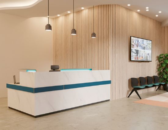 Banque d'accueil ATLAS - Finition esthétique, façade mélaminée double face, antireflets et antibactérien_1