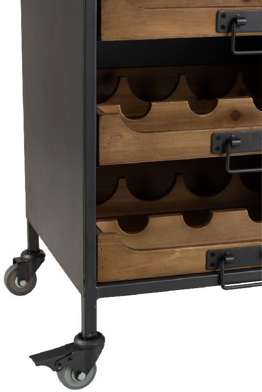 ARMOIRE À ROULETTES 7 TIROIRS BOUTEILLES DE VIN FAKY EN MÉTAL NOIR ET BOIS NATUREL._1