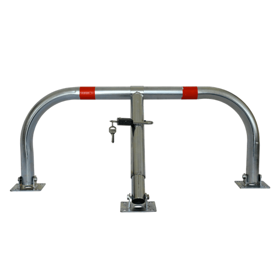 Arceau de parking SPM1 ECO V2 - Tube acier galvanisé Ø 45 mm avec deux bandes rouges, cadenas renforcé et 12 points d'ancrage_1