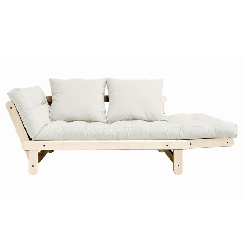 Banquette méridienne futon BEAT en pin naturel - tissu écru - couchage 1 personne 75x200 cm_1
