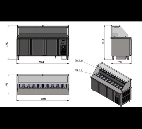 Vitrine de présentation - 2000 mm (refroidissement par ventilateur) Avec espace pompe à sauce - Référence : MCF.BSS.60.SOS_1